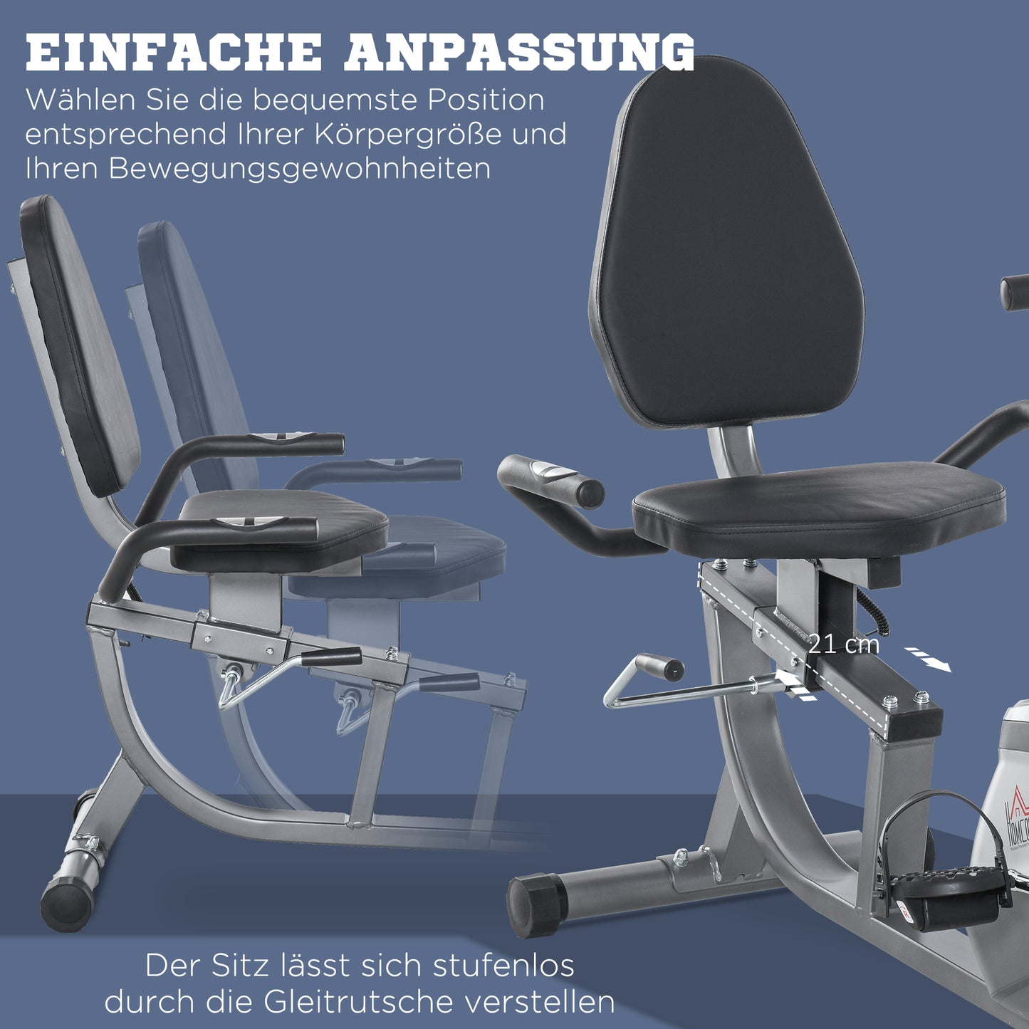 HOMCOM Liegeergometer mit LCD-Anzeige 8 stufig einstellbarem Magnetwiderstand Liegeheimtrainer mit Herzfrequenzsensoren, verstellbarer Rückenlehne, Nutzergewicht bis 110 kg für zu Hause Gym