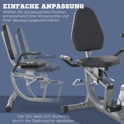HOMCOM Liegeergometer mit LCD-Anzeige 8 stufig einstellbarem Magnetwiderstand Liegeheimtrainer mit Herzfrequenzsensoren, verstellbarer Rückenlehne, Nutzergewicht bis 110 kg für zu Hause Gym