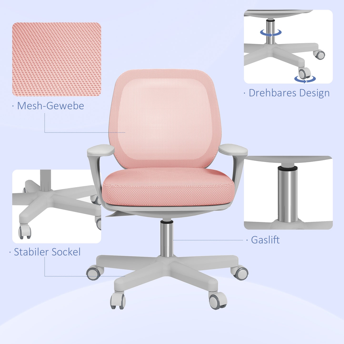 Vinsetto Bürostuhl, Ergonomisch Schreibtischstuhl mit Drehfunktion, Höhenverstellbar 55 x 48 x 82,5-94,5 cm Rosa