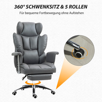 HOMCOM Ergonomischer Bürostuhl, gepolstert, mit Fußstütze, verstellbarer Lehne, 360° drehbar, Dunkelgrau