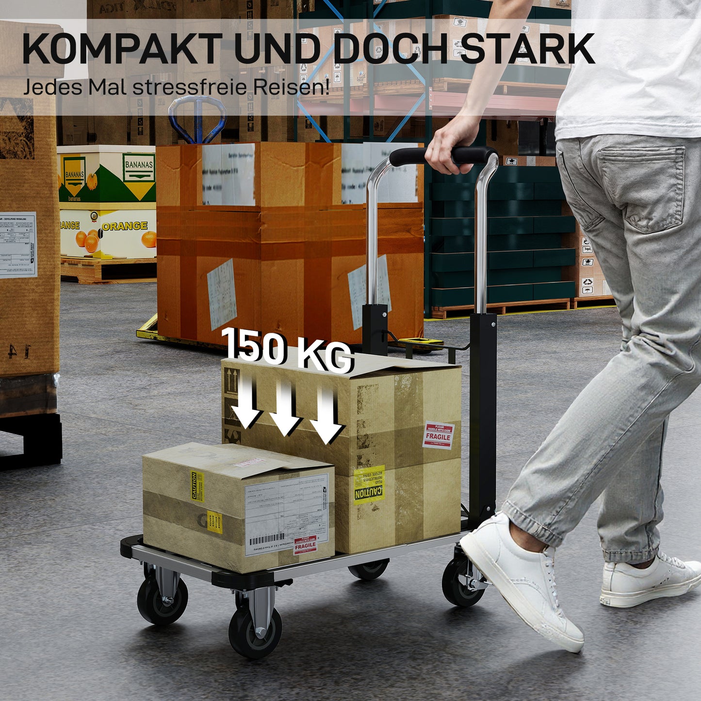 HOMCOM Faltbarer Handwagen, 150 kg Belastbarkeit, erweiterbare Fläche, höhenverstellbarer Griff, für Kisten, Metall, Schwarz