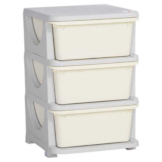HOMCOM Aufbewahrungsboxen für Kinder, 3 große Schubladen, runde Kanten, Kunststoff, 37x37x56,5 cm, Cremeweiß