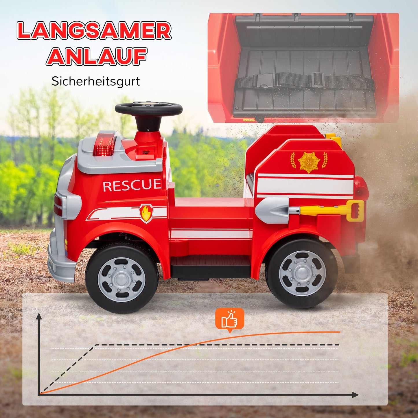 AIYAPLAY Feuerwehrauto, Elektro-Kinderauto, max. 3 km/h, Sirene, Blaulicht, Werkzeuge, für Kinder 3-5 Jahre