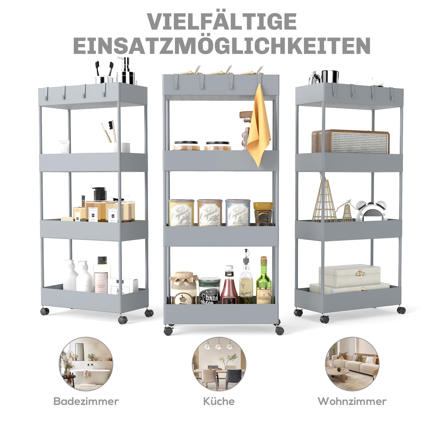 HOMCOM Küchenwagen mit 4 Regalen, 4 flexiblen Haken, 4 Rollen, 40 cm x 19 cm x 90 cm, Nischenwagen, Grau