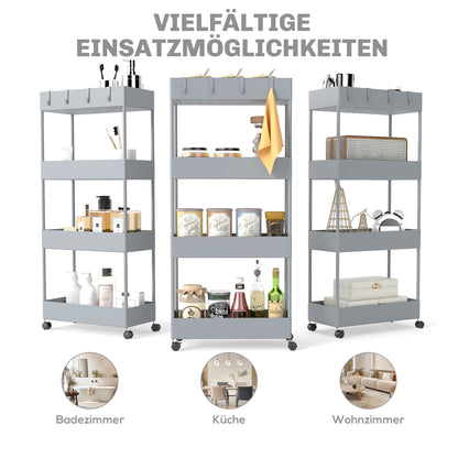 HOMCOM Küchenwagen mit 4 Regalen, 4 flexiblen Haken, 4 Rollen, 40 cm x 19 cm x 90 cm, Nischenwagen, Grau