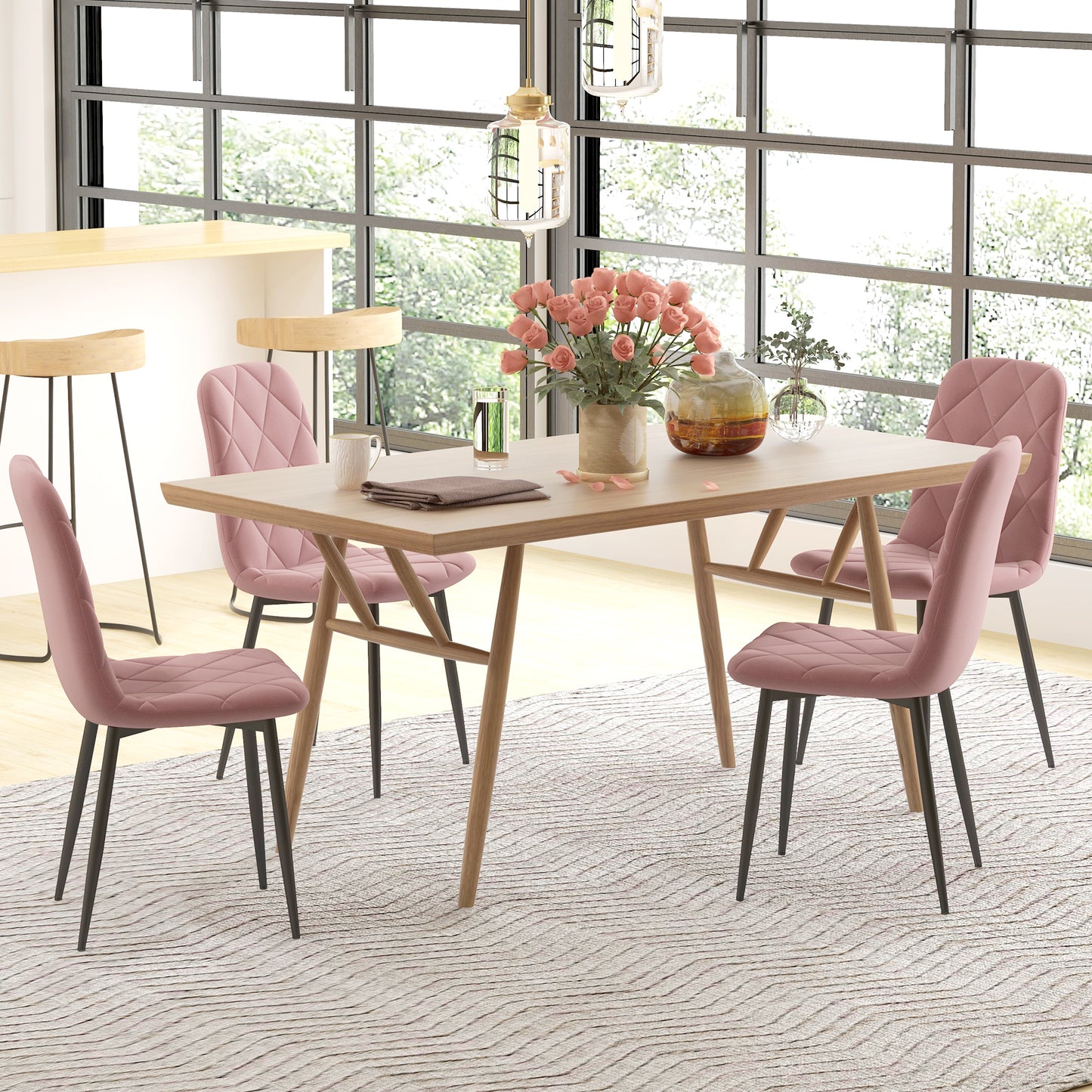 HOMCOM Esszimmerstühle 4er Set Küchenstuhl mit Rückenlehne, Samtoptik, Sessel 45 x 54 x 87 cm Rosa