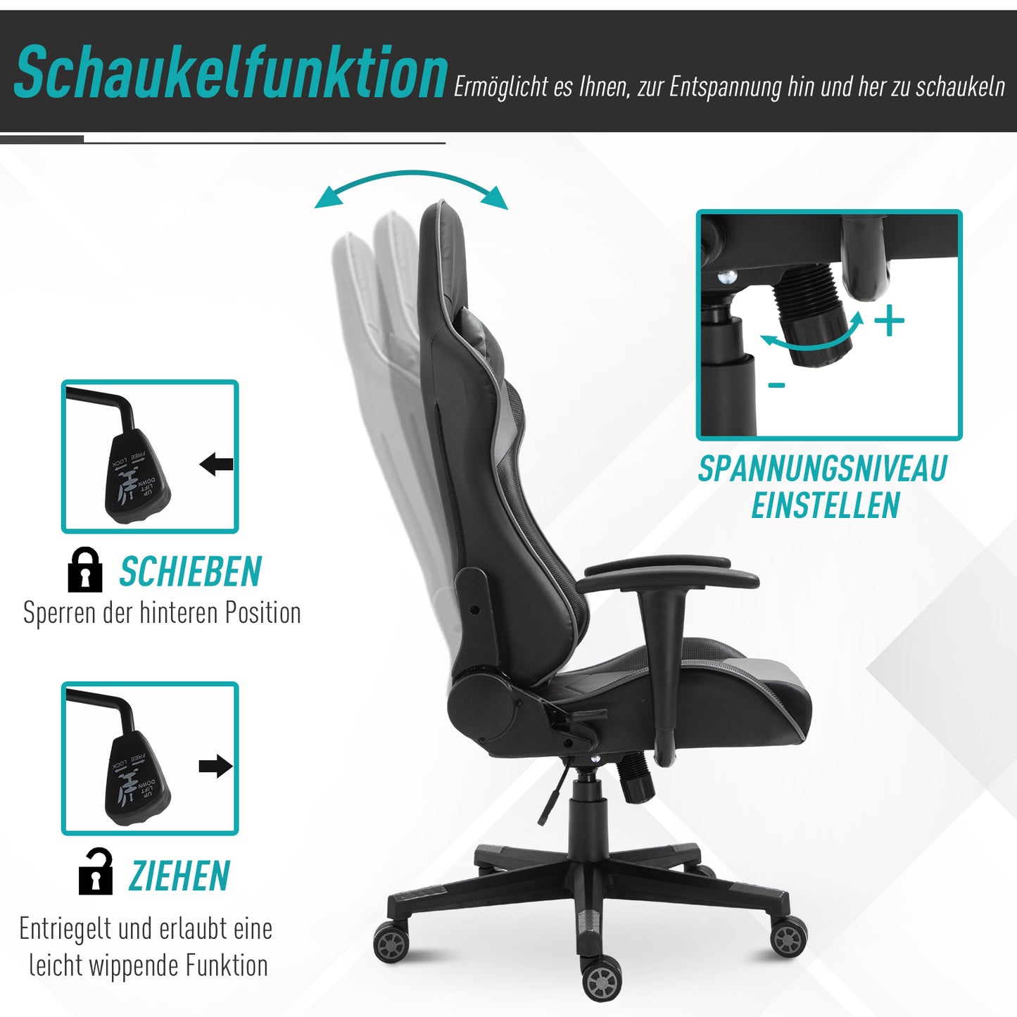 Vinsetto Ergonomischer Bürostuhl, Gaming Stuhl, Drehstuhl, Kunstleder, Schaumstoff, Schwarz, 67,5 x 74x 126-136 cm