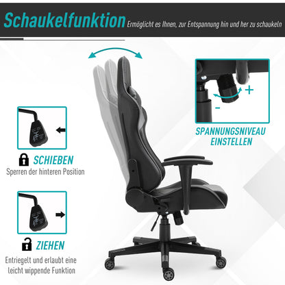 Vinsetto Ergonomischer Bürostuhl, Gaming Stuhl, Drehstuhl, Kunstleder, Schaumstoff, Schwarz, 67,5 x 74x 126-136 cm