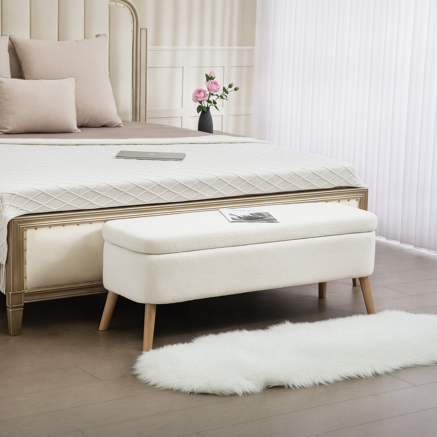 HOMCOM Aufbewahrungshocker, Sitzhocker mit 65 L Stauraum, Fußhocker, Fleece-Stoff, Kautschukholz, Schaumstoff, 120 x 42 x 45 cm, Cremeweiß