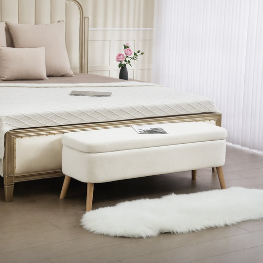 HOMCOM Aufbewahrungshocker, Sitzhocker mit 65 L Stauraum, Fußhocker, Fleece-Stoff, Kautschukholz, Schaumstoff, 120 x 42 x 45 cm, Cremeweiß