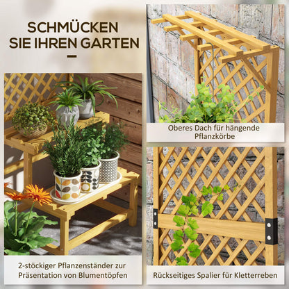 Outsunny Pflanzenständer, Blumenregal, 2 Etagen, mit Spalier & Dach, Tannenholz, 60x50x166cm, Gelb