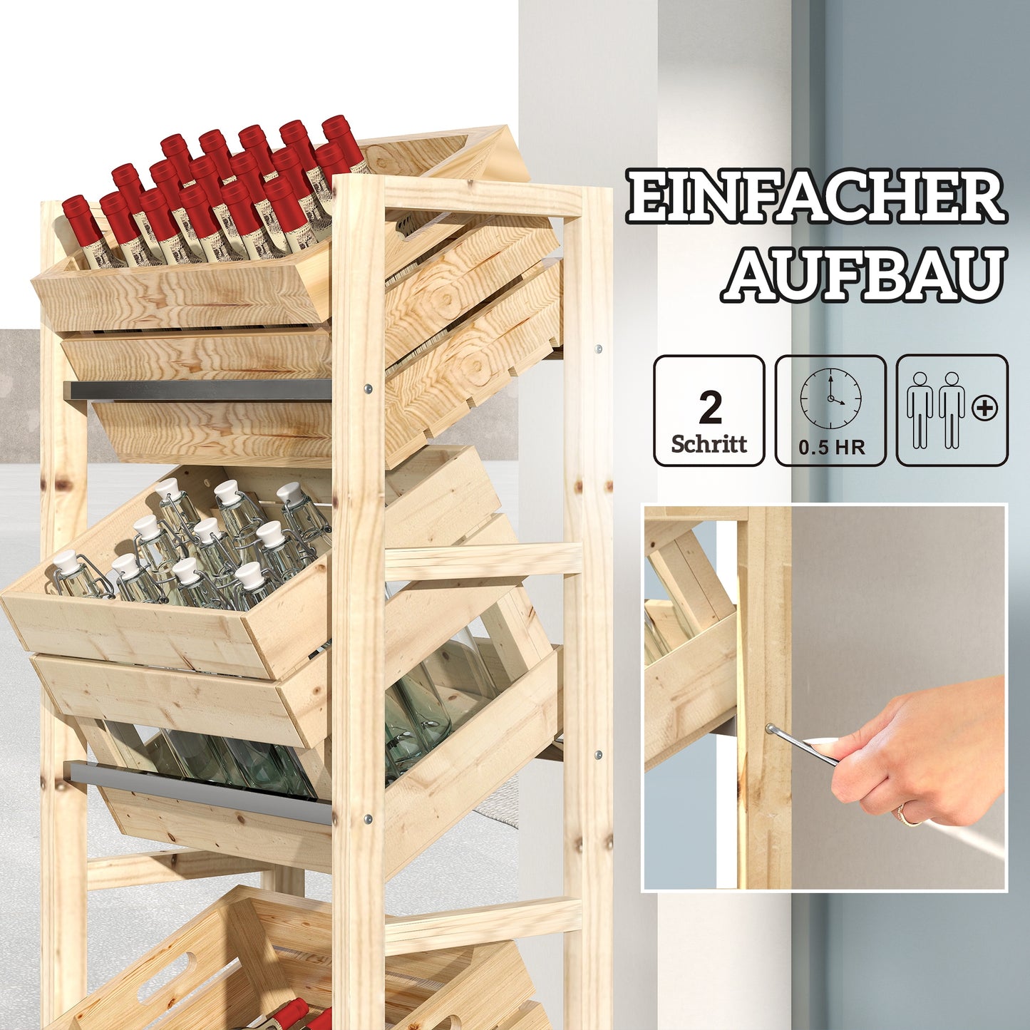 Outsunny Getränkekistenregal für 3 Getränkekisten Getränkeregal Holz Kistenregal mit 3 Ebenen 56 x 32 x 112 cm Naturholz