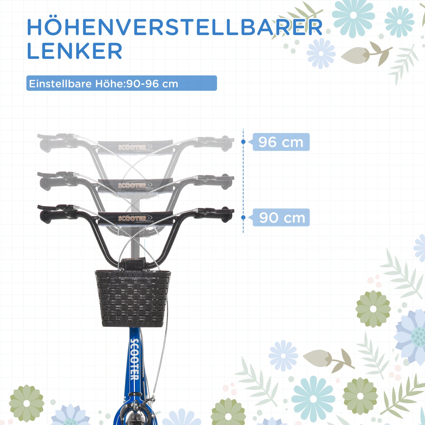 HOMCOM Kinderroller، سكوتر مع بريمسي، إنكل. Korb، höhenverstellbar، للأطفال من عمر 5 إلى 12 عامًا، أزرق+أسود