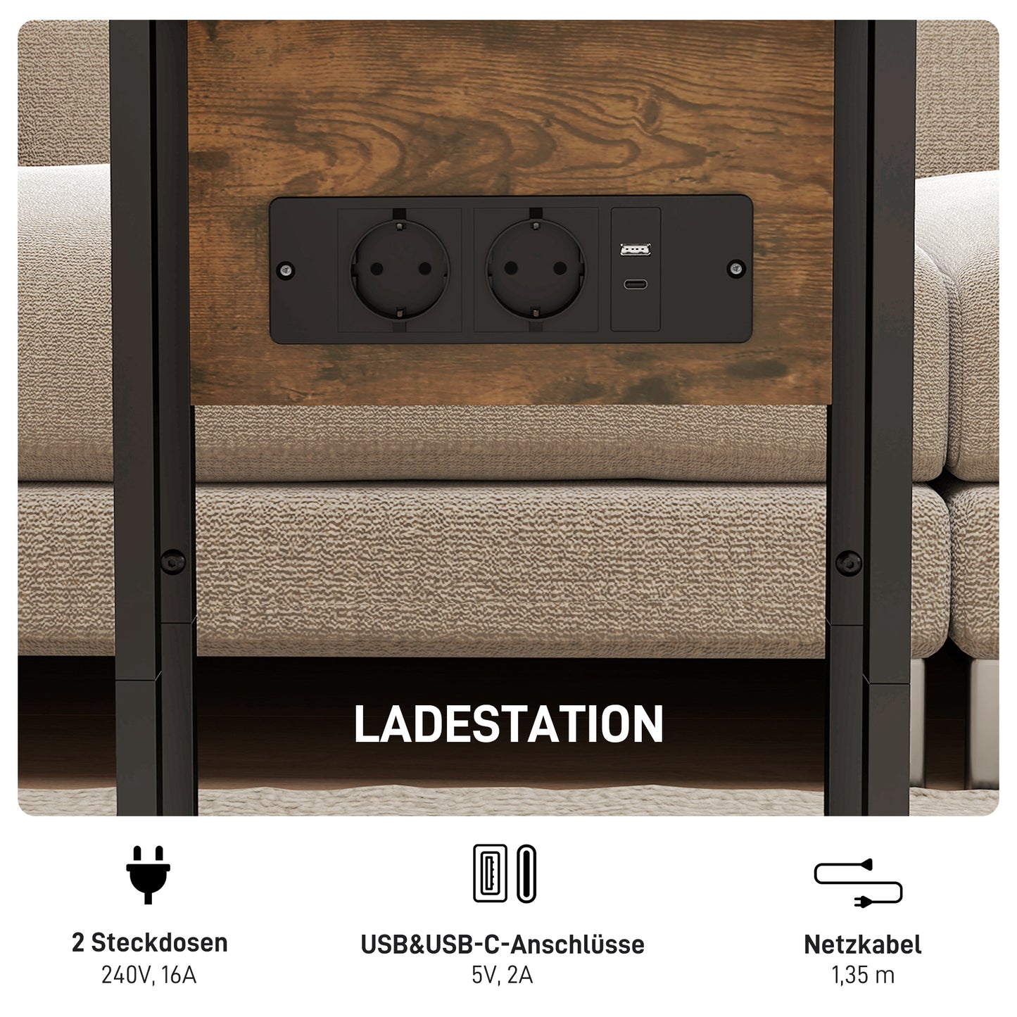 HOMCOM Klappbarer Beistelltisch, Ladestation mit USB-Ports, Metall, 39 x 29 x 57 cm, Braun