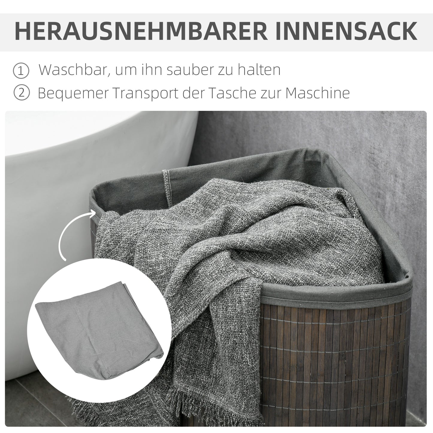 HOMCOM 55 L Wäschekorb mit Deckel, Griff, Wäschesortierer mit herausnehmbarem Wäschesack für Badezimmer, Bambus, Grau