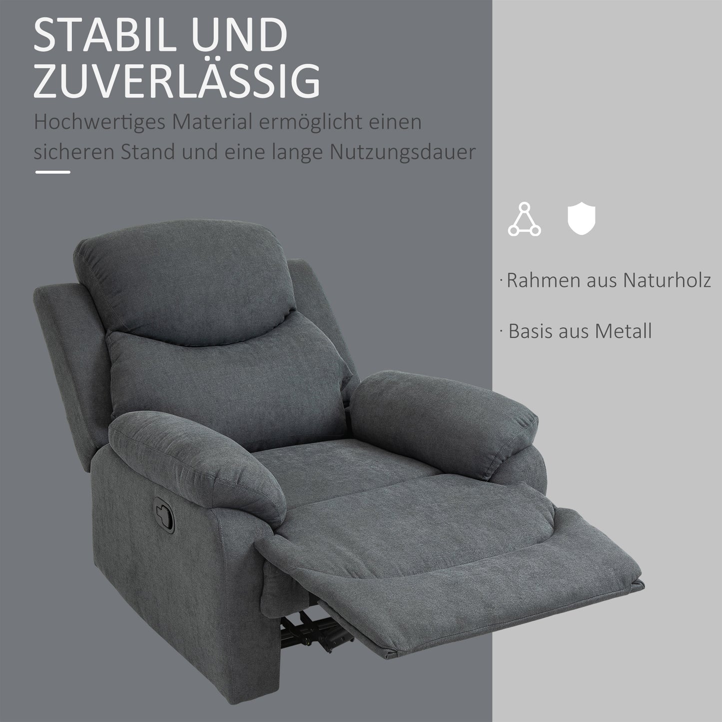 HOMCOM Sessel mit Liegefunktion für Wohnzimmer, 150° neigbar, Leinenoptik, Dunkelgrau