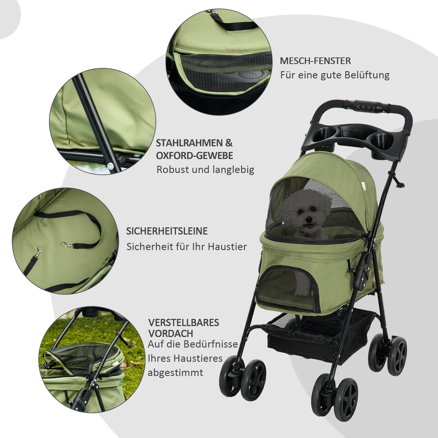 PawHut Hundewagen Hundebuggy, klappbar, 2 Sicherheitsleinen, 2 Becherhalter, 67 x 45 x 96 cm, Khaki