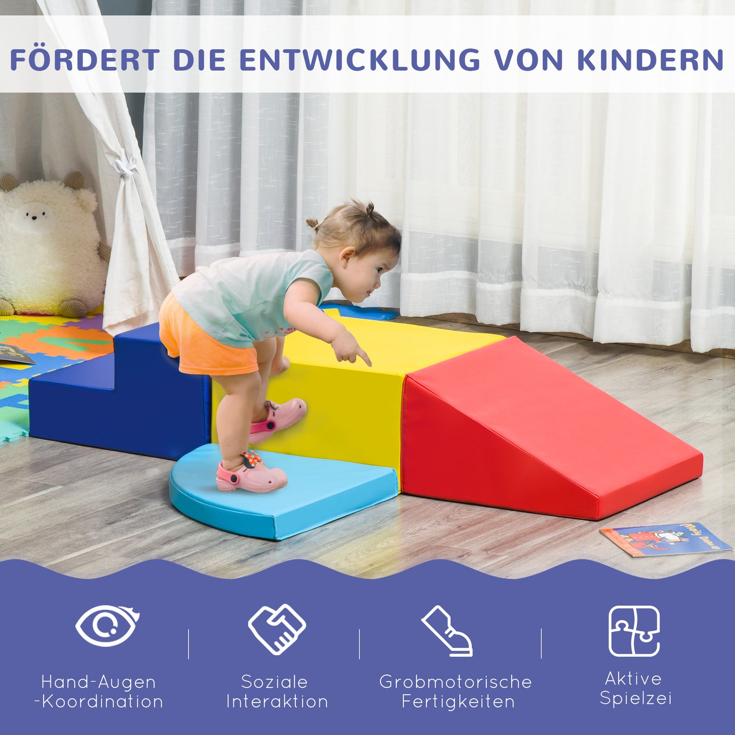 HOMCOM 4 TLG. Schaumstoff Bausteine Kinder Softbausteine klettern Bauklötze Weiche Riesenbausteine Bauspielzeug Grossbausteine Schaumstoffblöcke Spielbausteine für Baby & Kleinkinder Mehrfarbig
