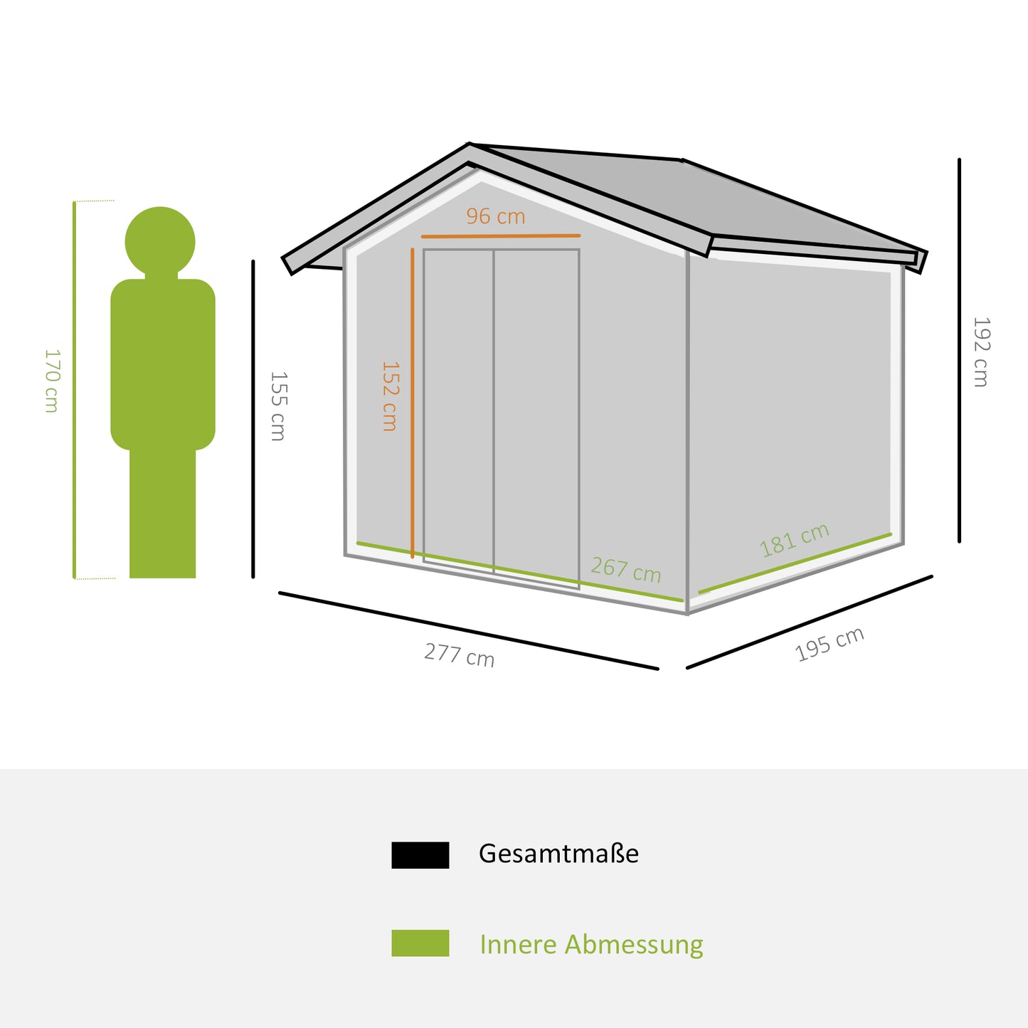 Outsunny Geräteschuppen mit Schiebetüren 2,77 x 1,95 x 1,92 m Metall Kohlegrau