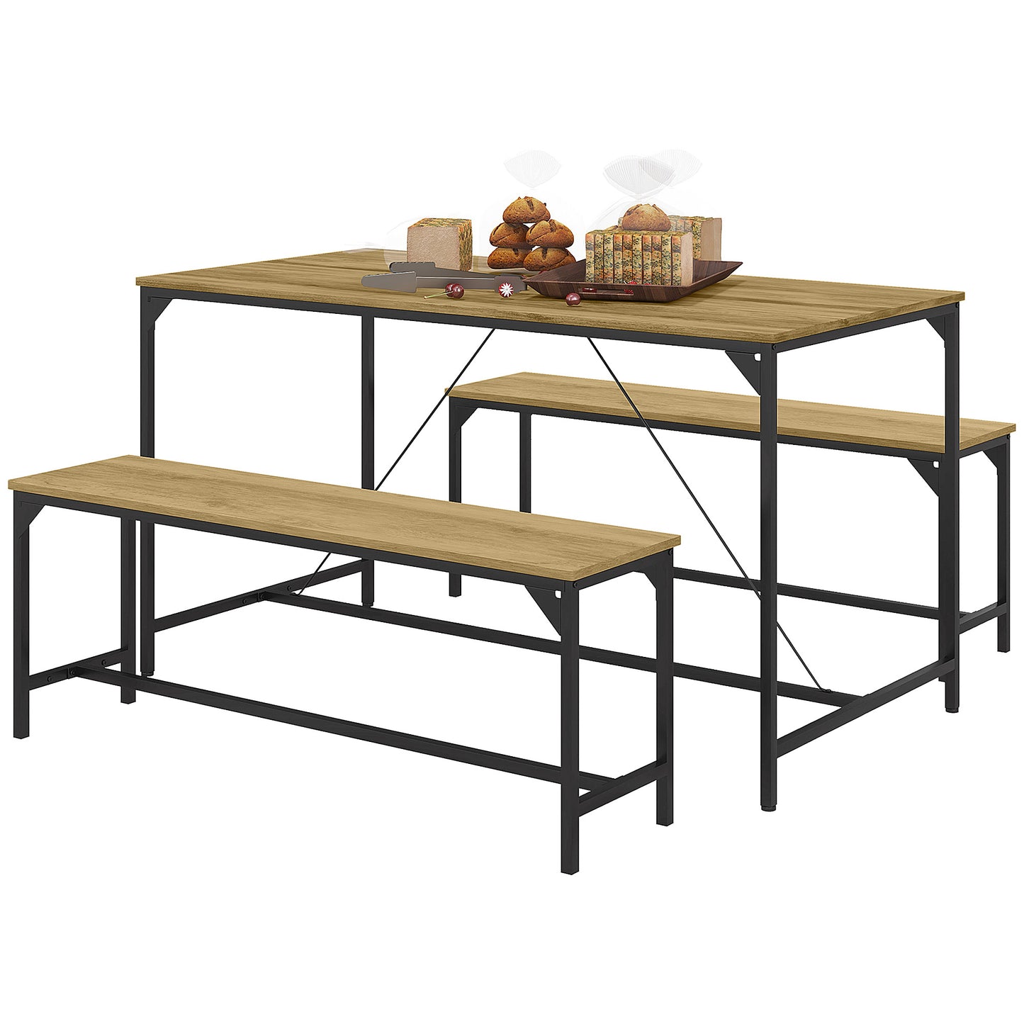 HOMCOM Essgarnitur, Tisch &amp; 2 Bänke, Industrial Design, Stahlrahmen, Holzdekor/Schwarz