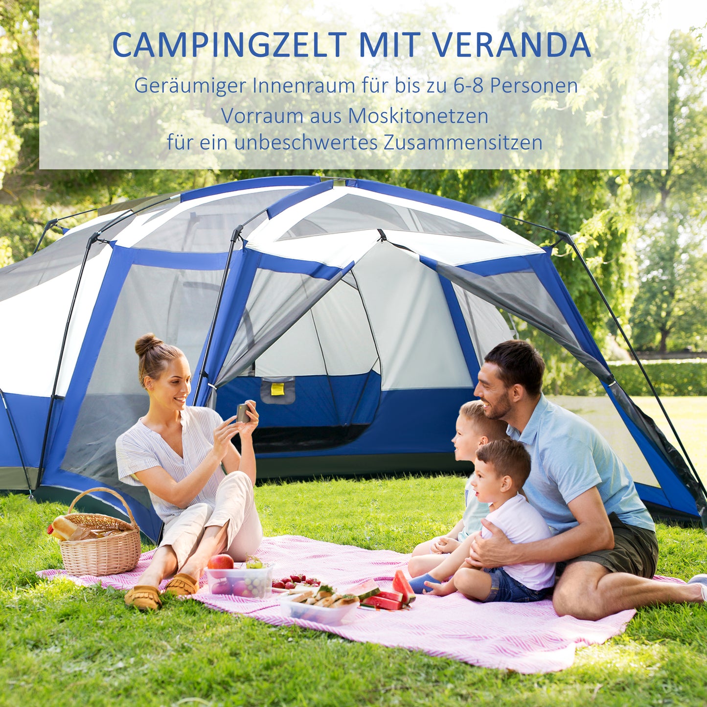 Outsunny Camping Zelt 6-8 Personen Zelt Familienzelt mit Vorraum 2 Fenster Kuppelzelt Kunstleder3000mm für Trekking Festival Glasfaser Blau 518 x 487 x 237 cm