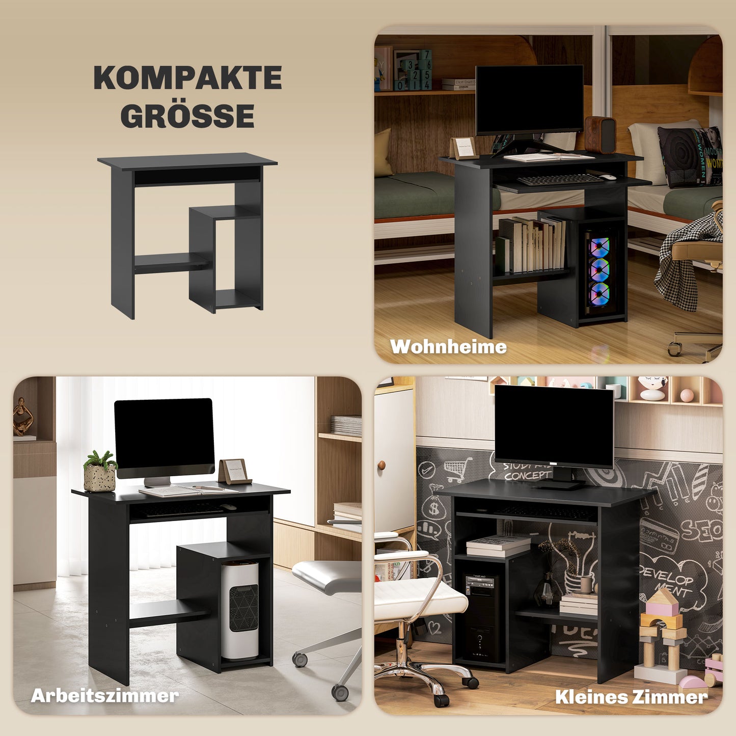 HOMCOM Computertisch, Schreibtisch, Spanplatte, Metall, 80 x 45 x 75 cm, Schwarz
