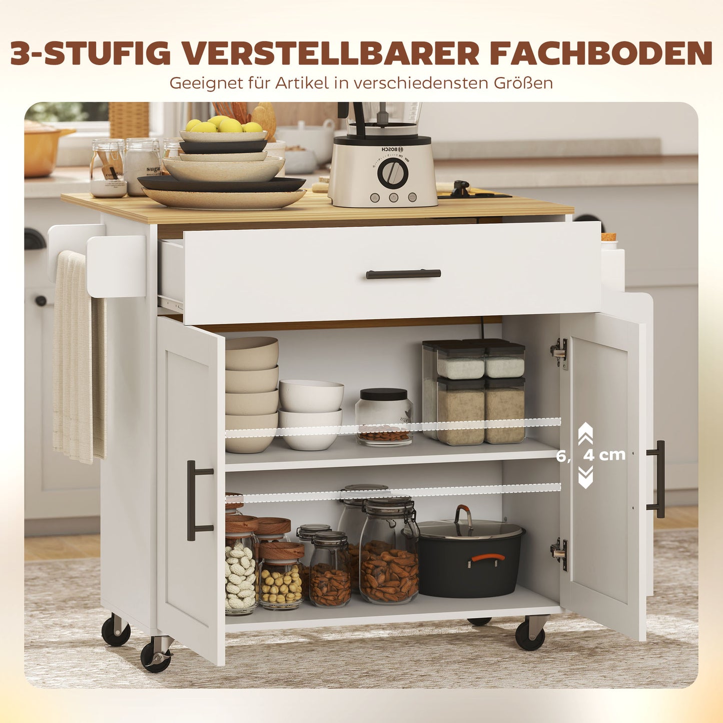 HOMCOM Kücheninsel, Küchenwagen auf Rollen, mit abklappbarer Arbeitsplatte, Schublade, Ablage, 120 x 68 x 85 cm, Weiß