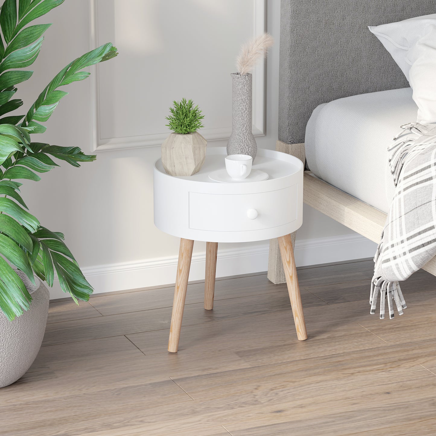 HOMCOM Couchtisch mit Schublade, rund, Skandi-Design, Schutzrand, Holz, Ø38 x H45 cm, Weiß