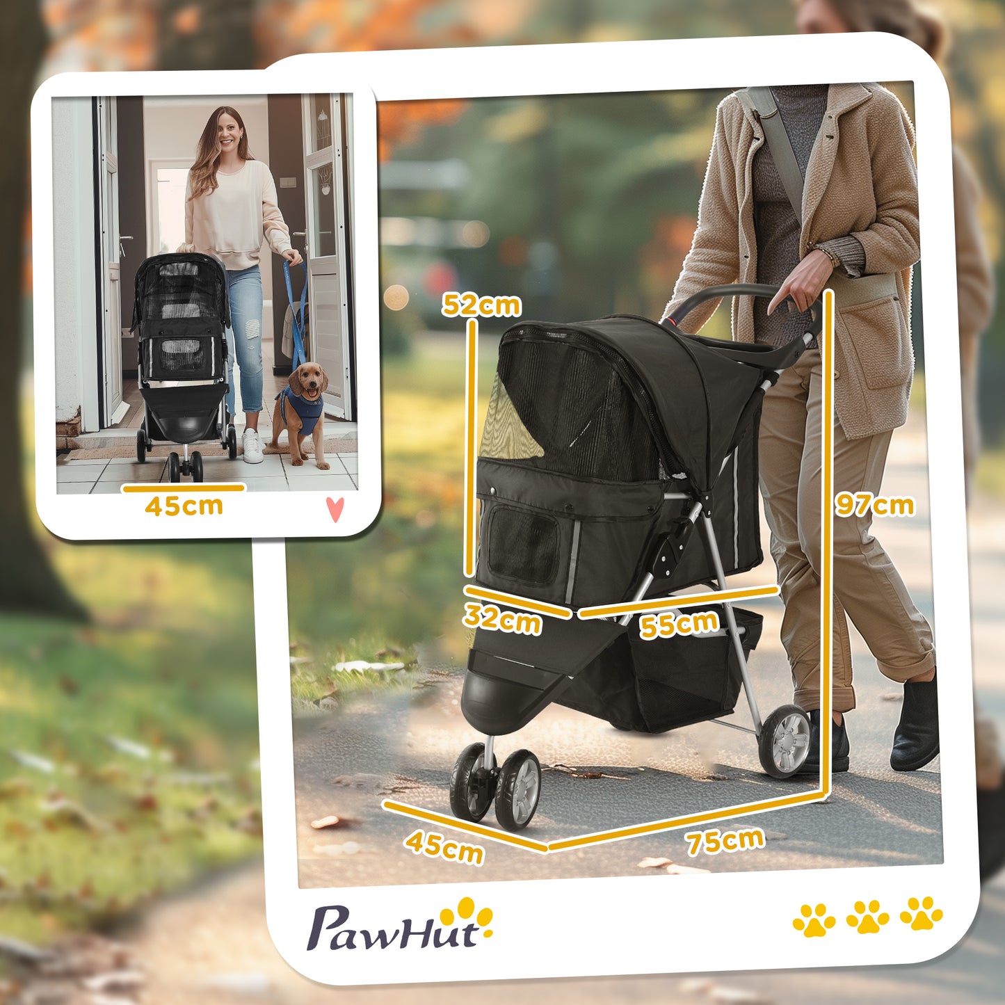 PawHut Hundewagen Hundebuggy klappbar für Hunde & Katzen bis 10 kg 75 x 45 x 97 cm Dunkelgrau