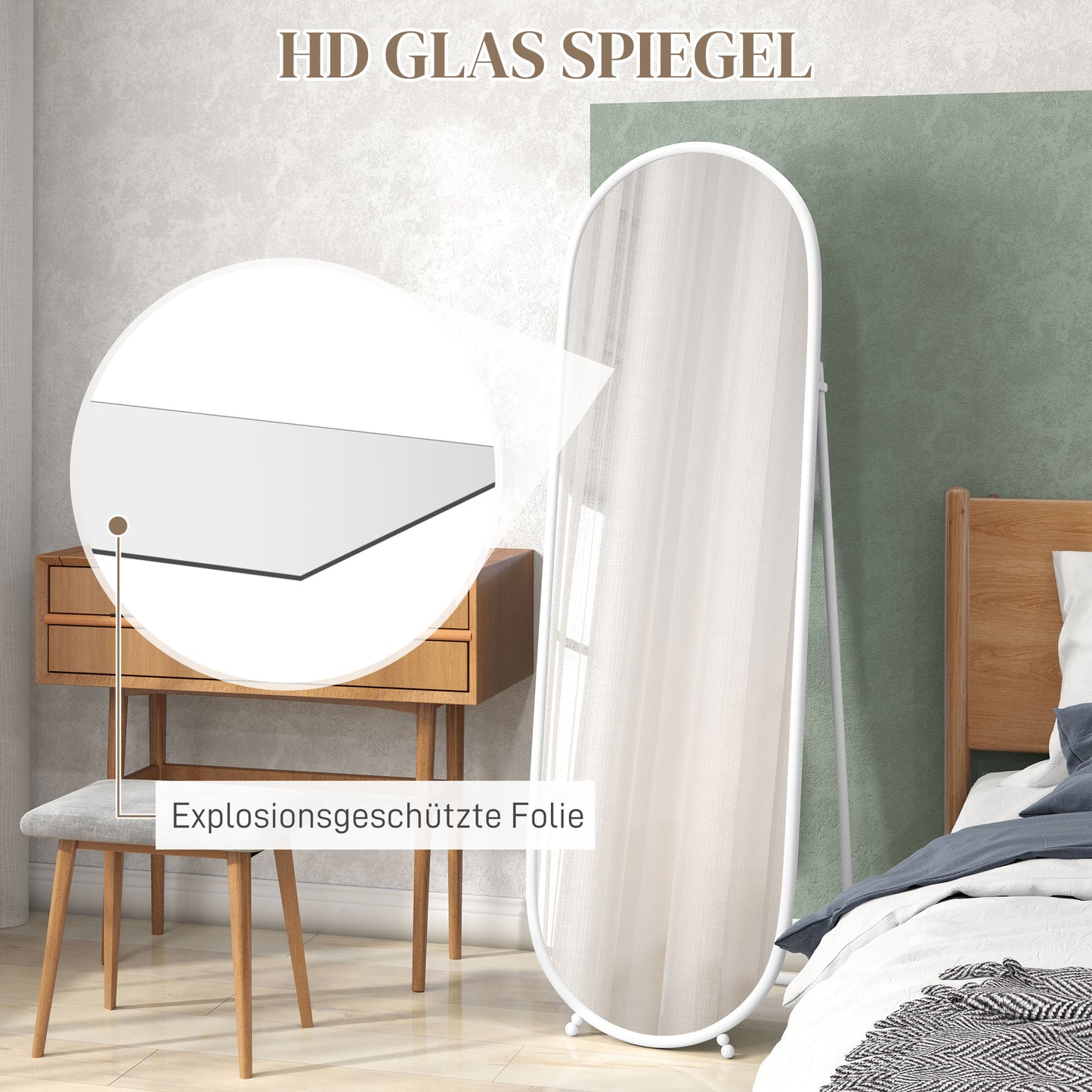HOMCOM Ganzkörperspiegel, ovale Form, freistehend, Metallrahmen, 40x160cm, Farbe: Weiß
