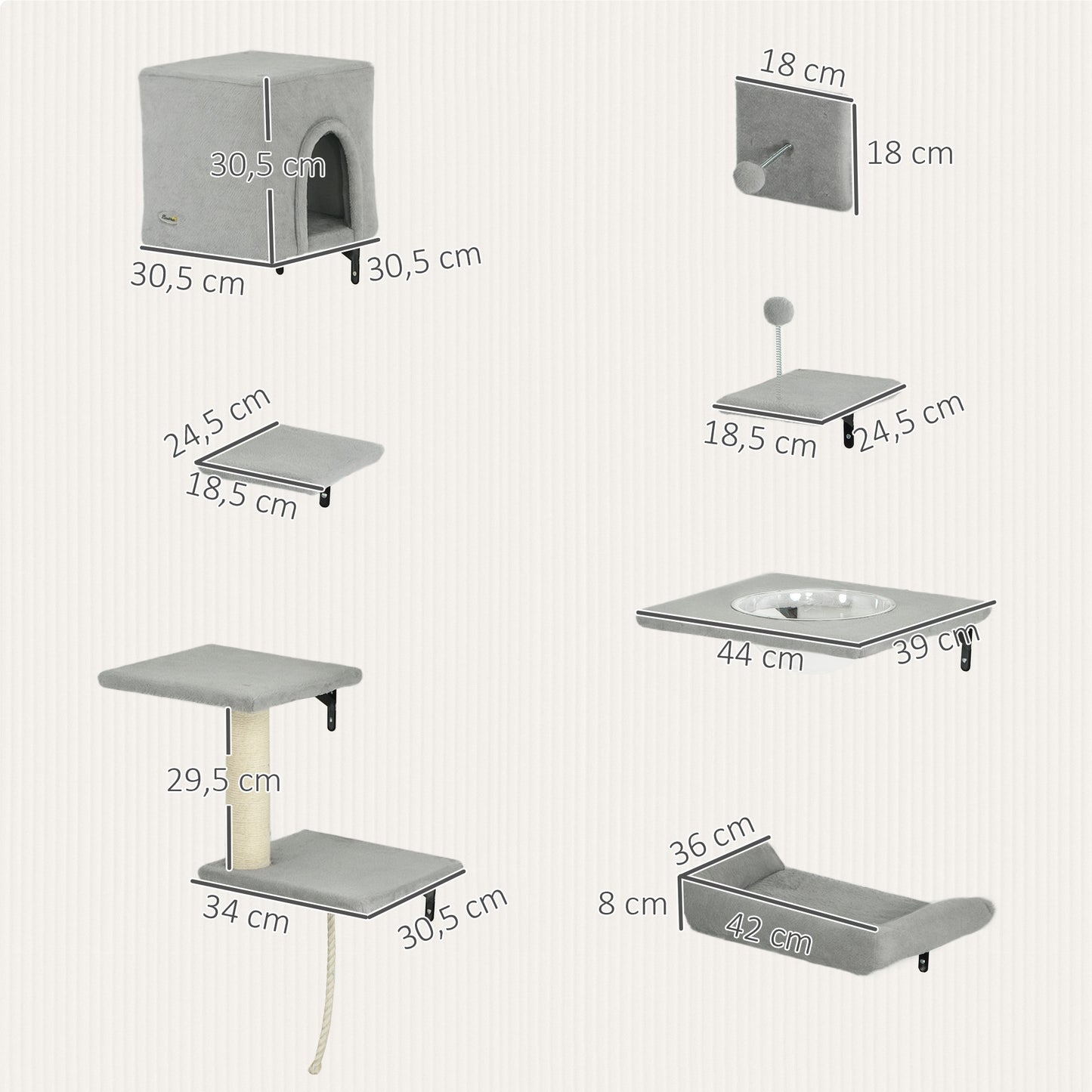 PawHut Kletterwand Katzen 7-teilig Katzen Kletterwand Set mit Katzenhaus, Plattform, Plattform Grau