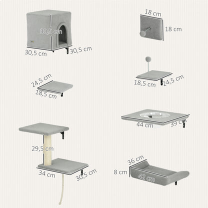 PawHut Kletterwand Katzen 7-teilig Katzen Kletterwand Set mit Katzenhaus, Plattform, Plattform Grau