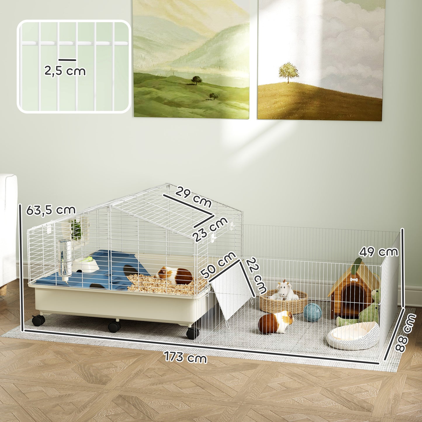 PawHut Kleintierkäfig, Balkon, Rampe, Futtertrog, Wasserflasche, 2-Ebenen-Design, Weiß