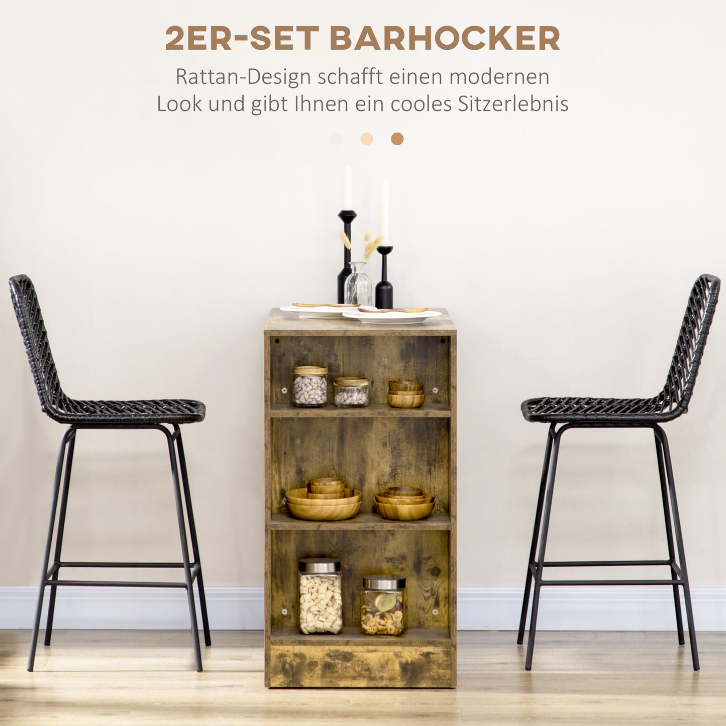 HOMCOM Barhocker, 2er-Set, Rattanoptik, Fußstütze, Stahlrahmen, rutschfest, bis 120 kg, 42,5x52x102 cm, Schwarz