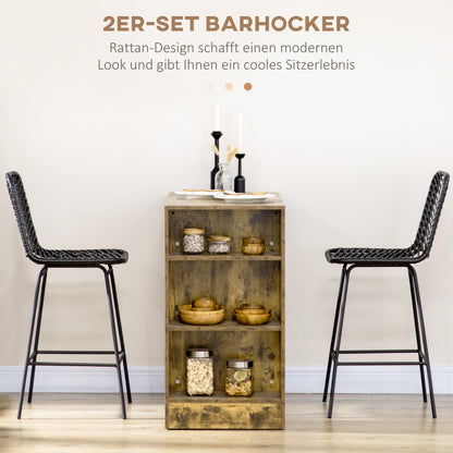 HOMCOM Barhocker, 2er-Set, Rattanoptik, Fußstütze, Stahlrahmen, rutschfest, bis 120 kg, 42,5x52x102 cm, Schwarz