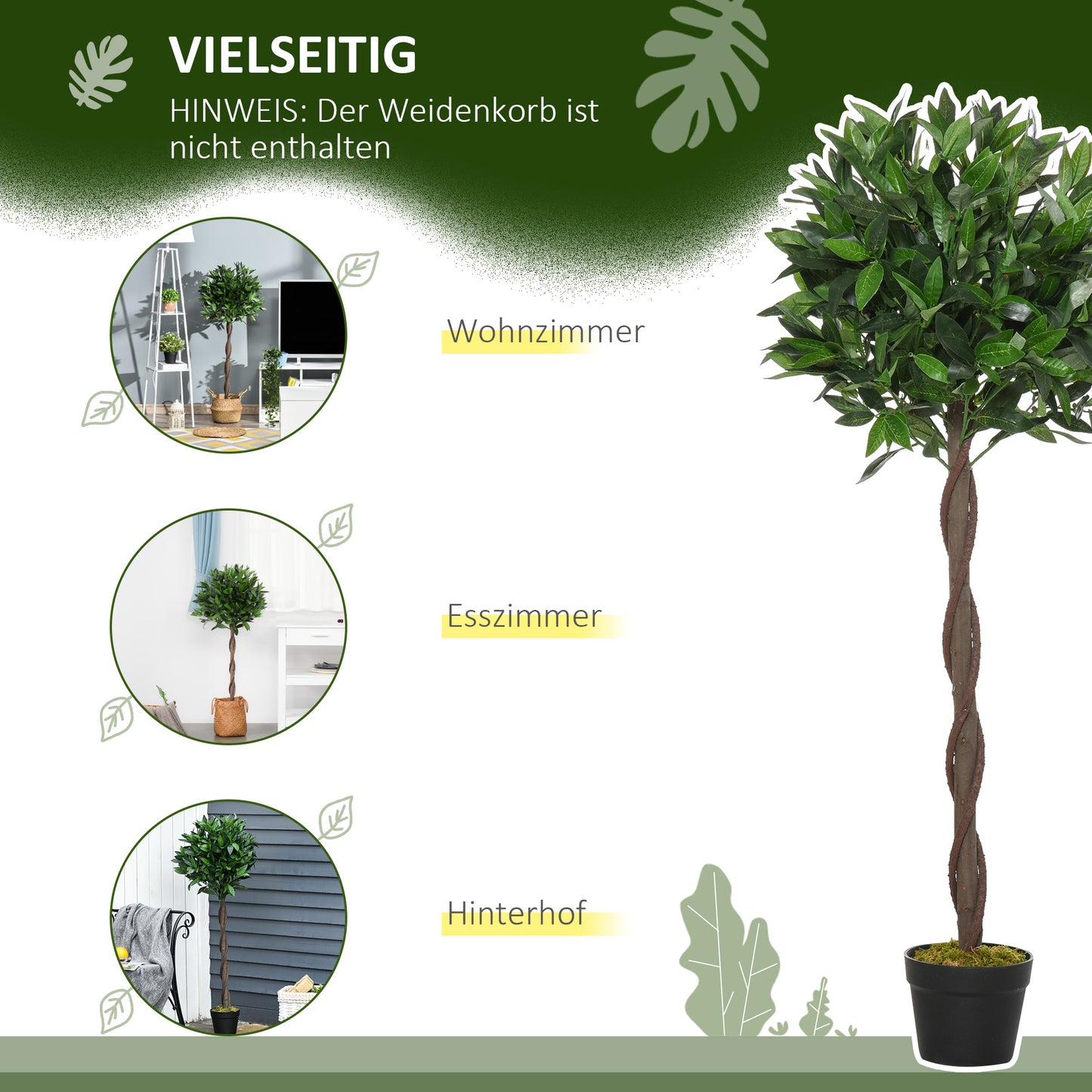 Outsunny 2er-Set Künstlicher Lorbeerbaum, 120 cm, Kunstpflanzen im Zementtopf, Kunststoff-Pflanzen für drinnen und draußen, Grün