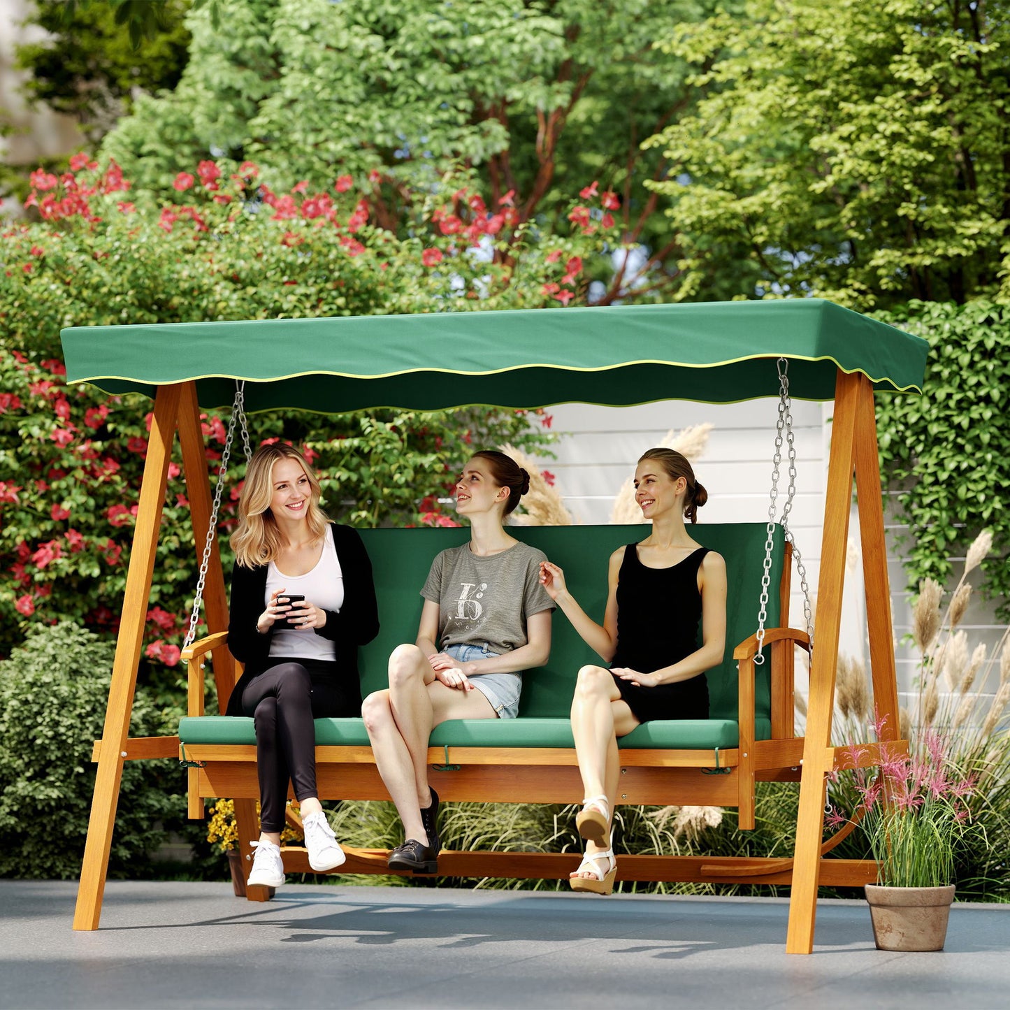 Outsunny Hollywoodschaukel mit Sonnendach, Echtholz-Gartenschaukel, Schaukelbank mit Liege-Funktion, für 3 Personen, Dunkelgrün