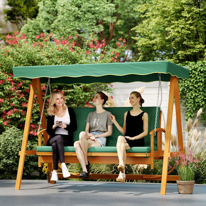 Outsunny Hollywoodschaukel mit Sonnendach, Echtholz-Gartenschaukel, Schaukelbank mit Liege-Funktion, für 3 Personen, Dunkelgrün