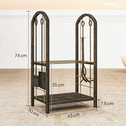 Outsunny Kaminholzregal für innen 43 x 30 x 74cm 2 Ebenen Brennholzregal mit 4 Kaminwerkzeug, هاكن