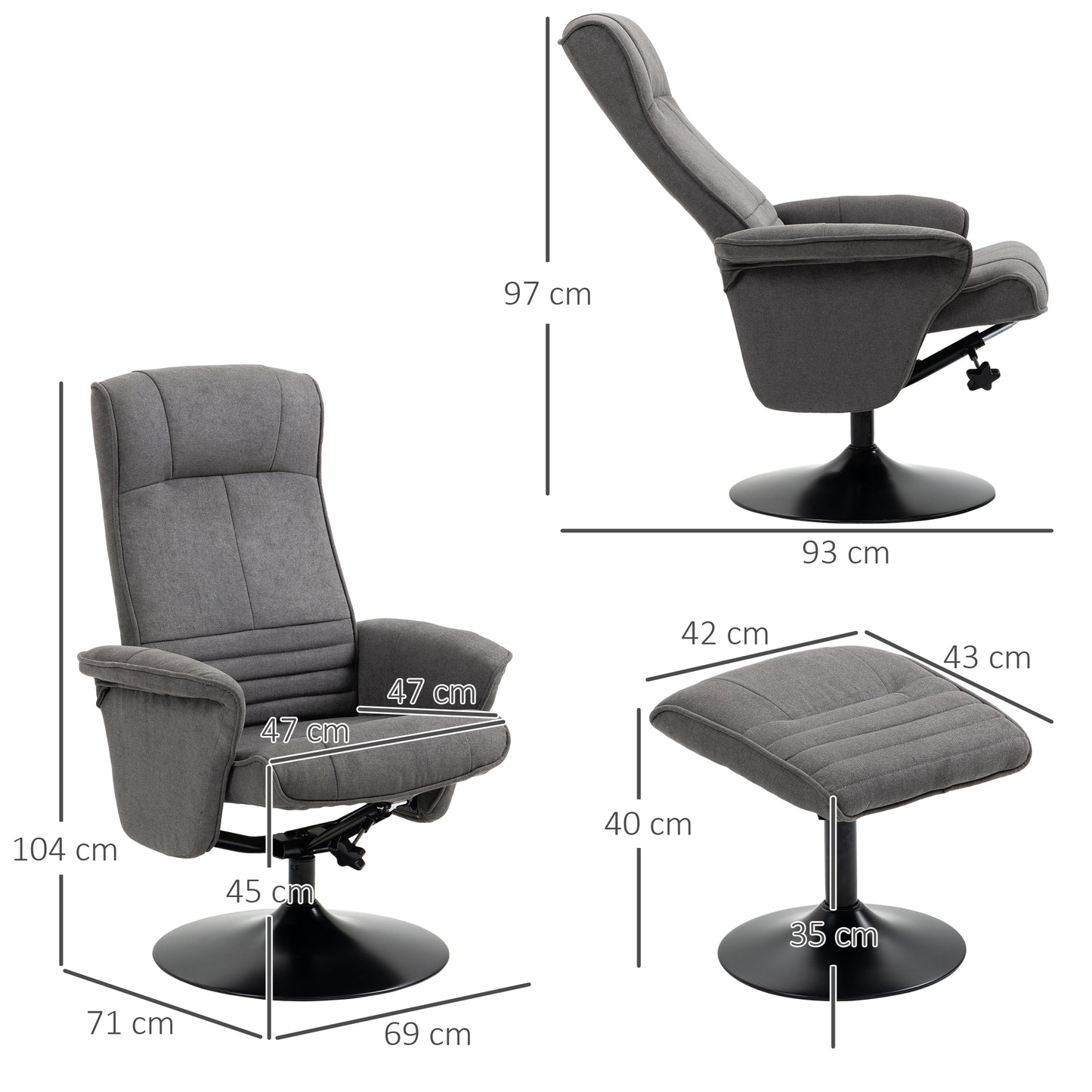 HOMCOM Relaxsessel mit Fußhocker, verstellbare Rückenlehne, 69 cm x 71 cm x 104 cm, Dunkelgrau + Schwarz
