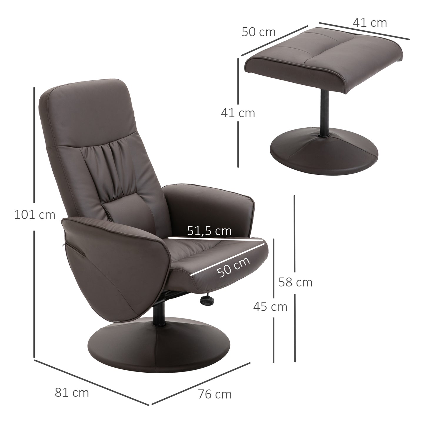 HOMCOM 2-teiliges Sessel-Set, Sessel mit Fußhocker, Relaxsessel mit Fußhocker, höhenverstellbar, neigbare Rückenlehne, Braun