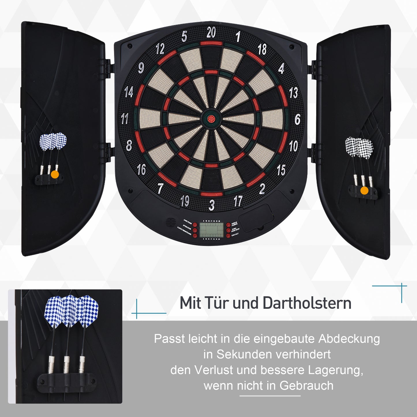 HOMCOM Elektronische Dartscheibe Dartboard mit Sprachansagen Englische Stimme LED-Anzeigen 6 Darts 26 Spiele 185 Varianten Dartautomat mit Tür Dartscheibe Set für bis zu 8 Spieler