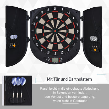 HOMCOM Elektronische Dartscheibe Dartboard mit Sprachansagen Englische Stimme LED-Anzeigen 6 Darts 26 Spiele 185 Varianten Dartautomat mit Tür Dartscheibe Set für bis zu 8 Spieler