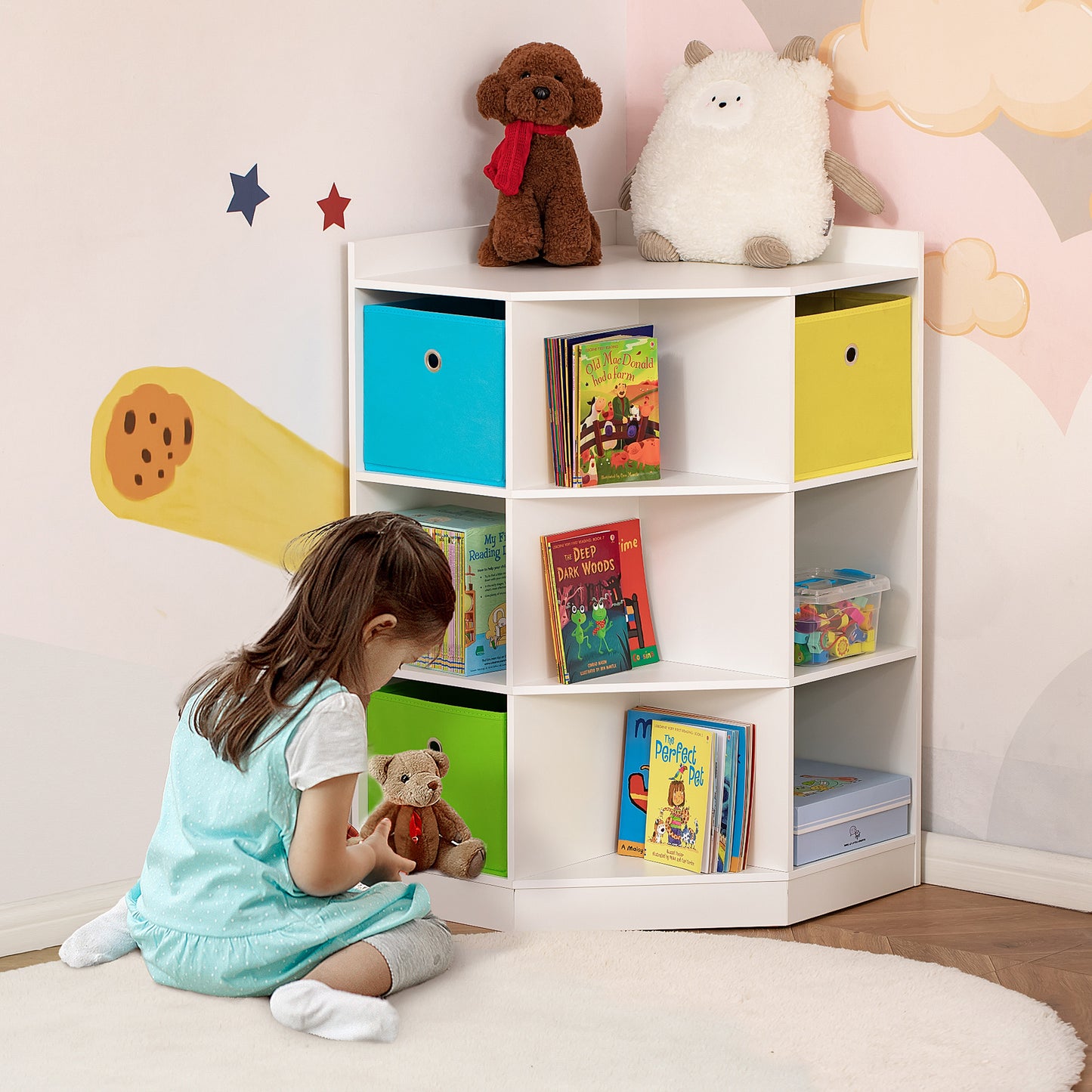 HOMCOM Aufbewahrungsregal für Kinder, 3 Vliesschubladen, MDF, kippsicher, Weiß