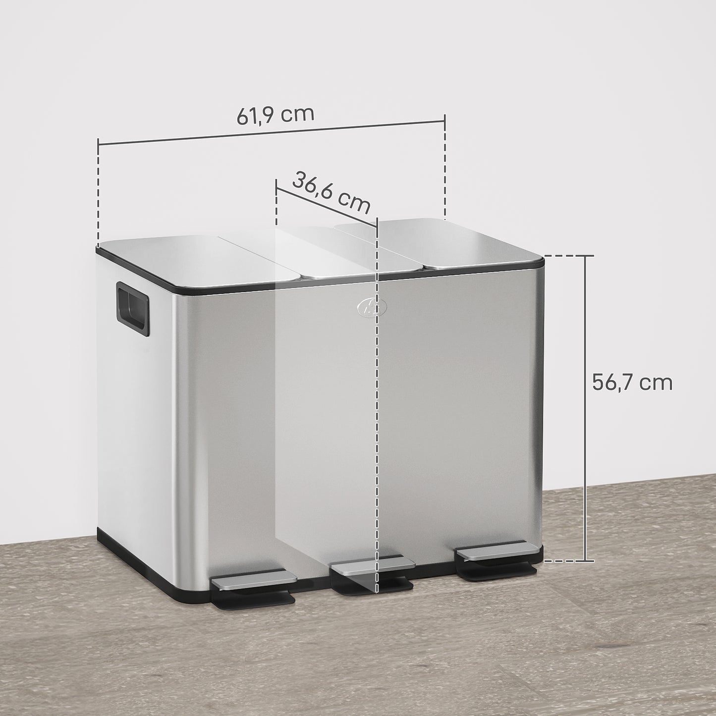 HOMCOM Mülleimer mit 3 x 20 L Fächern, Deodorant-Deckel, fingerabdrucksicher, Soft-Close, herausnehmbar, Silber