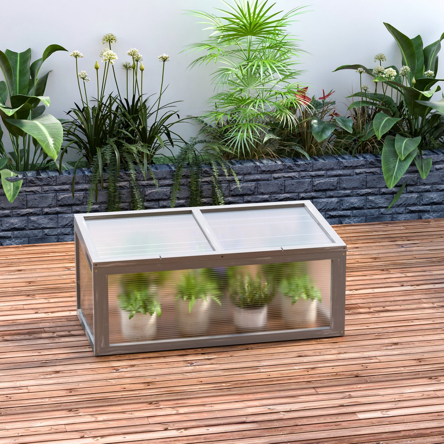 Outsunny Frühbeet Holz und Polycarbonat Treibhaus 90 x 46 x 40 cm Gewächshaus mit Abdeckung wetterfest Frühbeetkasten für Garten Pflanzenbeet Grau