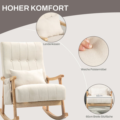 HOMCOM Schaukelstuhl mit Nierenkissen, breiter Sitz, Kautschukholzrahmen, bis 120 kg, Beige