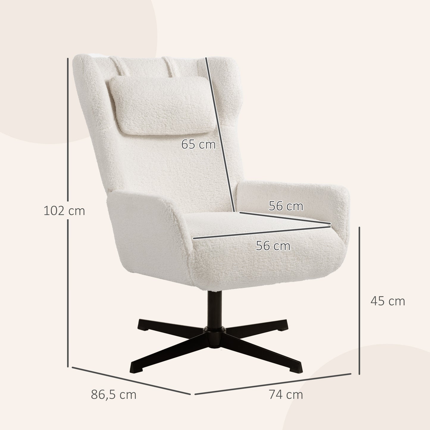 HOMCOM Akzentstuhl, Polstersessel mit Fleece-Bezug, Drehfuß, Metallrahmen, Cremeweiß
