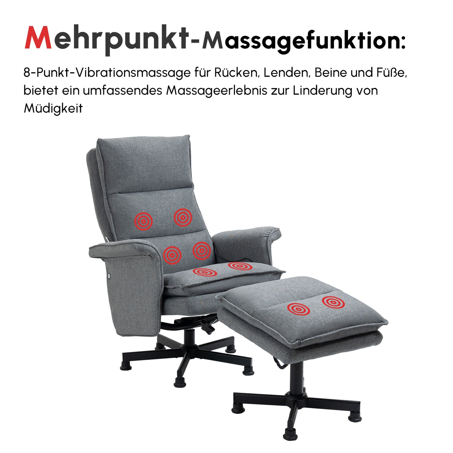 HOMCOM Massage-Bürostuhl mit Fußhocker, 8 Vibrationsköpfe, 1 Fernbedienung, 1 Seitentasche, Grau