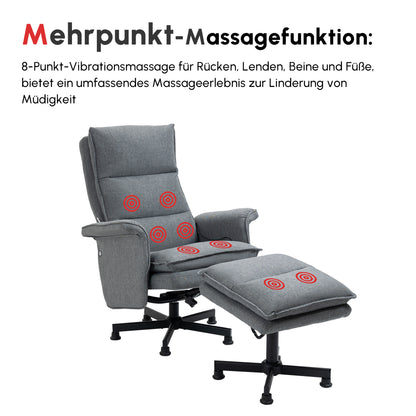 HOMCOM Massage-Bürostuhl mit Fußhocker, 8 Vibrationsköpfe, 1 Fernbedienung, 1 Seitentasche, Grau